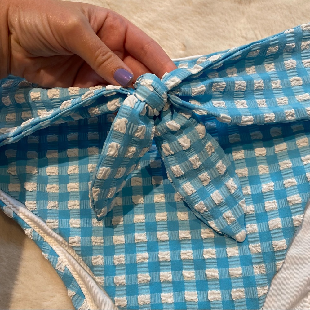 (L) aerie High Cut Cheeky Bikini Bottoms Large Blue White Gingham Tie Waist - Picture 3 of 9